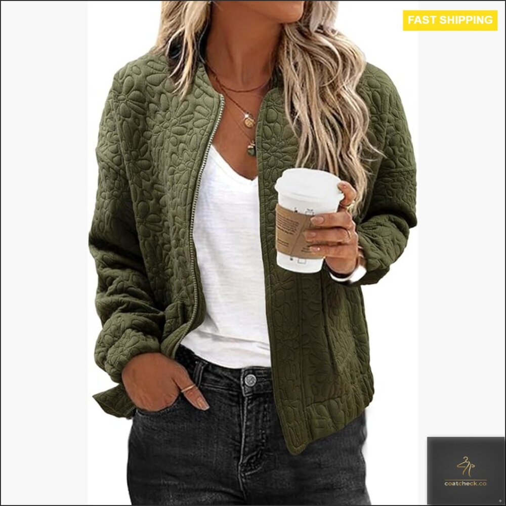 Lightweight Jacquard Bomber Jacket Loose Fit Zip Up Casual Outerwear